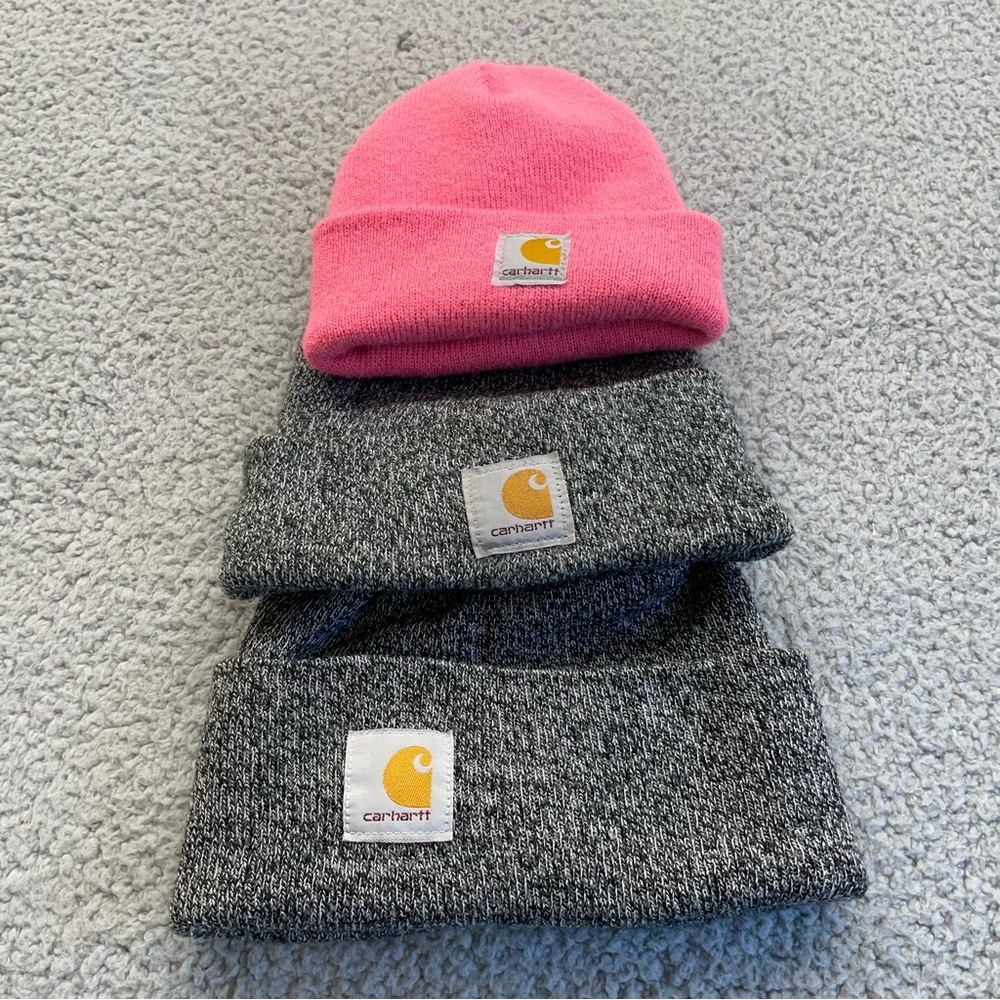 Carhartt beanies mens & Toddler Set‎ of 3 grey pink comfy cozy workwear outdoor
